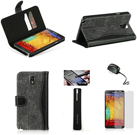 Samsung Galaxy Note 3 Black Wallet Bag Card Holder Pouch Case Cover Travel Charger, Screen Protector, Momiji® Stylus Pen