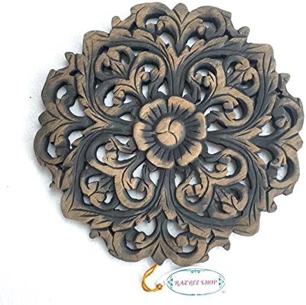 Home Decor Circular Black &amp; Brown Floral Handmade Thai Teak Wood Carving Wall Art Decor Hanging 12" (์NO.3), Sankumpang, Chiangmai, Thailand.