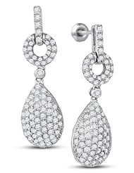10K White Gold Round Brilliant Cut Diamond - Pear Shape Channel Set Dangle Earrings with Secure Screw Back Closure - (2.00 cttw.)
