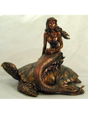 Mermaid On Sea Turtle Bronzed Finish Statue