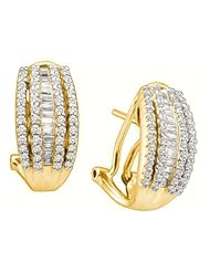 1 cttw 14k Yellow Gold Diamond Round and Baguette Huggie Hoop Earrings (Real Diamonds: 1 cttw)