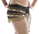 Turkish Chiffon Three Row Belly Dance Coin Hip Scarf Belt (Black/Gold)