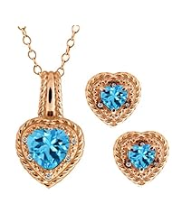 4.32 Ct Heart Shape Swiss Blue Topaz Gold Plated Silver Pendant Earrings Set