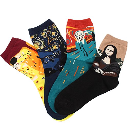 MB Women's 4 Pairs Famous Collection Painting Casual Cotton Fashion Crew Socks