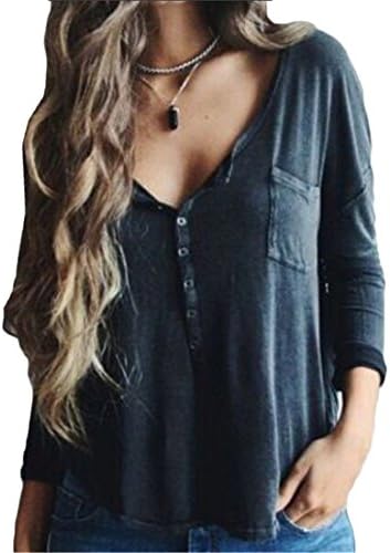 Waloneby Women's Deep Plunge Neck Long Sleeve Buttons Pocket T-shirt (L, Grey)