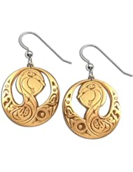 14K Yellow Gold Northwest Coast Native American Blue Heron Earrings. Made in USA.