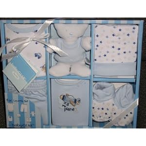 babyGear 6 pc Layette Set -Bodysuit, Cap, Pant, Bib, Booties, Cap & Bear - Blue - Airplane Theme