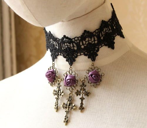 New Arrival!! Black Lace Choker Necklace with Purple Rose &amp; Cross Gothic Style Costume Jewelry Adjustable(approx 11.8"-13.7")