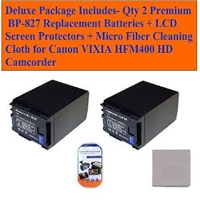 Deluxe Package Includes- Qty 2 Bp-827 Replacement Batteries + LCD Screen Protectors + Micro Fiber Cleaning Cloth for Canon Vixia Hfm400 Hd Camcorder