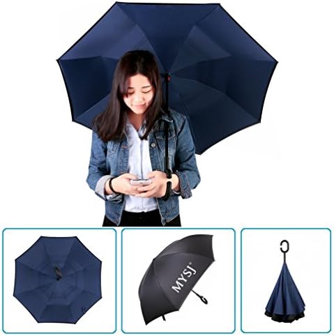 Innovative New Reverse Umbrella, Double Layer Inverted Umbrella, Mysj Creative Cars Reverse Umbrella Straight Waterproof And Self Standing Inside Out Compact Travel Umbrella With "C" Handle (Navy)