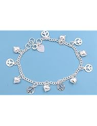 Sterling Silver Peace Sign & Heart Charms Bracelet