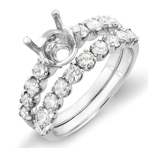1.00 Carat (ctw) 14k White Gold Round Diamond Ladies Bridal Semi Mount Ring Set with Matching Wedding Band Center not included