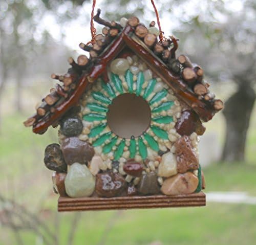 Handmade Small Stone Birdhouse Manzanita Twig Roof Green Bead Accents White River Rock Colorful Agates Jasper Garden Art for Patio or Yard