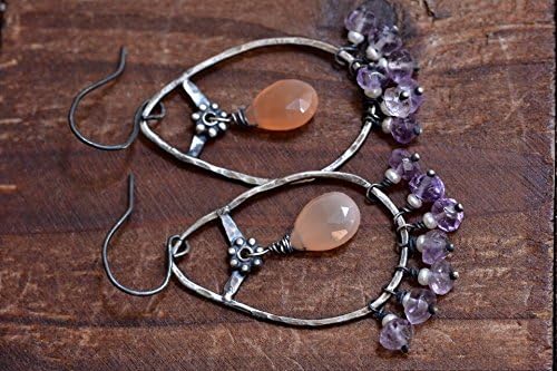 Peach Moonstone &amp; Cluster Amethyst Oxidized Sterling Silver Floral Hoop Earrings