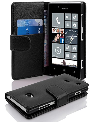 Cadorabo Case Works with Nokia Lumia 720 in Oxid Black (Design Book Structure) – with 2 Card Slots – Wallet Case Etui Cover Pouch PU Leather Flip
