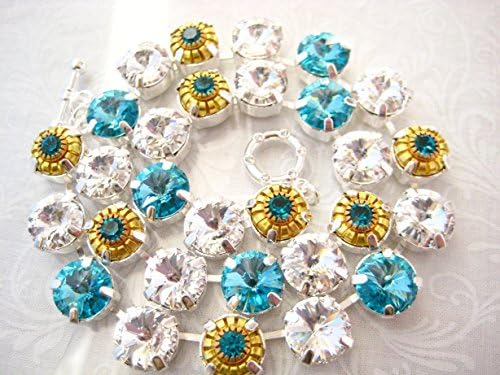 Swarovski Turquoise Clear Crystal Rivoli Rhinestone Silver Necklace, Anna Wintour Inspired, 11 mm Big Stones Necklace Layering Necklace