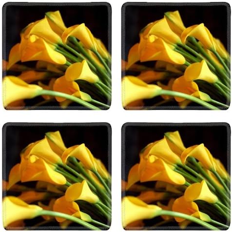 Calla Lilies Flowers Yellow Bouquet Black Background Sharpness Square Coaster (4 Piece) Set Fabric Rubber 5 Inch Size Liil Coaster Cup Mug Can Water Bottle Drink Coasters Stain Resistance Collector Kit Kitchen Table Top Desk