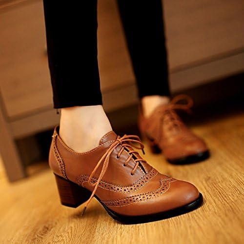New Retro England Style Pointy Toe Thick Low-heeled Lace Oxfords Heels Carved Leather Shoes Brogue T_WSF009