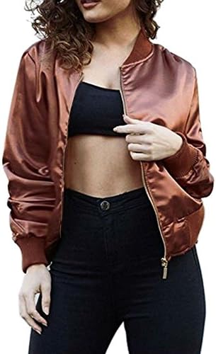 YUTRENDS Women's Long Sleeve Satin Drill Classic Short Bomber Jacket Coat Brown XL