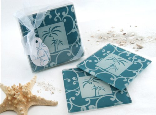 Tropical Breeze Palm Tree Glass Coasters (Set of 4; 12 Pack) - Destination Beach Themed Wedding and Party Keepsake Favor