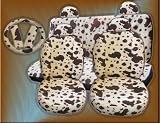 New Premium Grade 11 Pieces Tan Brown Cow Print Low Back Front Car Seat and Rear Bench Cover with Head Rest Cover Set