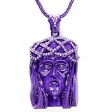 Purple Plated Mens Hip Hop Iced CZ Cubic Zirconia Micro Pave Religious Jesus Face 3.5 in x 2 in Pendant (FREE 38 in Franco chain)