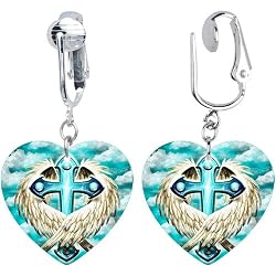 Handcrafted Heart Embraced Wing Cross Clip On Earrings