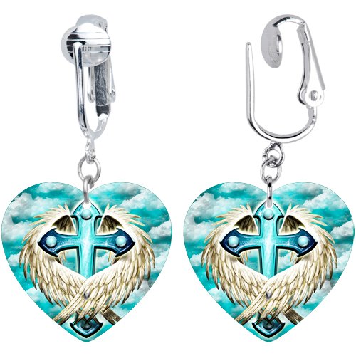 Handcrafted Heart Embraced Wing Cross Clip On Earrings