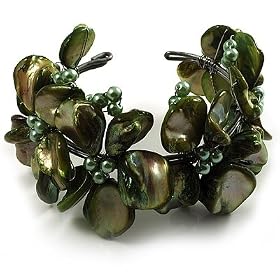Olive Green Floral Shell & Pearl Cuff Bracelet