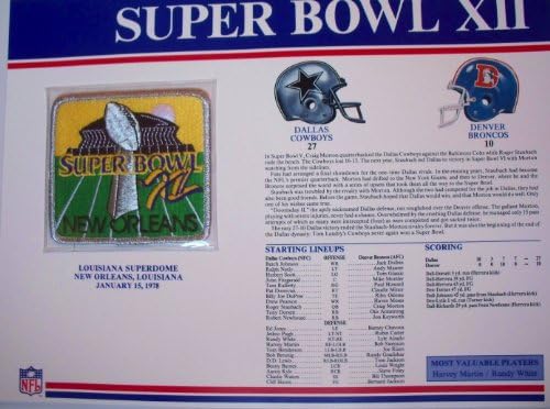 1977 Dallas Cowboys vs Denver Broncos NFL Super Bowl 12 (XII) 1978 Harvey Martin/ Randy White MVP Willabee Ward Patch and Stat Panel Card