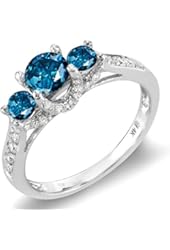 1.00 Carat (ctw) 14k White Gold Round White And Blue Diamond 3 Stone Ladies Bridal Engagement Ring 1 CT