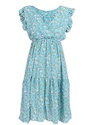  Wrap Short Sleeves Elasticized   Waistline Floral Print  Dress With Ruffles