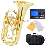 Mendini MEP-L Lacquer Brass B Flat Euphonium with Stainless Steel Pistons, Gold