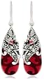 Sterling Silver Marcasite and Garnet-Colored Glass Teardrop Earrings