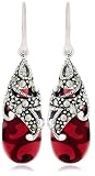 Sterling Silver Marcasite and Garnet Colored Glass Teardrop Earrings