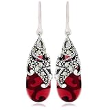 Sterling Silver Marcasite and Garnet Colored Glass Teardrop Earrings