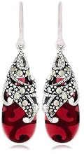 Sterling Silver Marcasite and Garnet-Colored Glass Teardrop Earrings