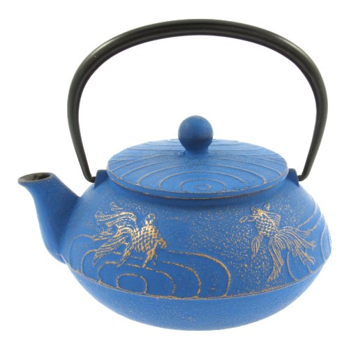 Iwachu Japanese Iron Teapot Tetsubin Gold and Azure Goldfish On Sale