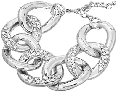 Odd Shop Women's Pave Stone Link Bold Metal Chain Bracelet with Lobster Clasp Closure, 8 Inches (rhodium-plated-base-metal)