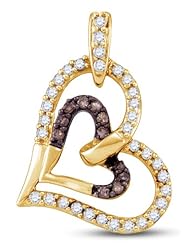 10K Yellow and White Two 2 Tone Gold Round Brilliant Cut Channel Set Chocolate Brown and White Diamond Heart Pendant - (.30 cttw.)