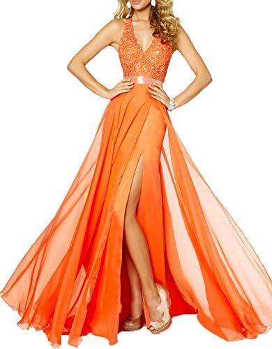 AnKang Elegant V-Neck Side Slit Chiffon Party Special Occasion Formal Evening Prom Dress (12, Orange)