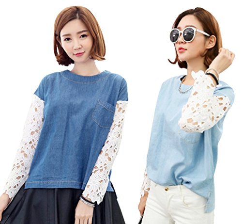 【ARINCO】 袖 レース シースルー デニム カットソー プルオーバー レディース カジュアル 2色 サイズ S M L