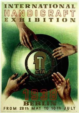 1938 Handicraft Crafts Exhibition Berlin Germany Original Antique Vintage German Advertising Travel Poster with Art Deco Globe