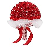 Ourwarm ウェディングブーケ ブライダルブーケ 約23ｘ18cm バブル 泡 造花 シルク＆真珠付き 花束 フラワー 結婚式 挙式 豪華絢爛 最も美しい花嫁になる (赤)
