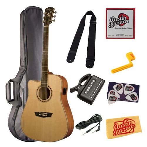 51hG7vbhsHL Washburn WD10SCELH Left Handed Dreadnought Cutaway Acoustic Electric Guitar Bundle with Gig Bag, 10 Foot Instrument Cable, Tuner, Strap, Strings, String Winder, Pick Card, and Polishing Cloth   Natural
