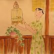 Chinese Original Hand Painted Watercolor painting - Woman in lime green cheongsam with bird cage