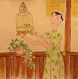 51hG8im1jIL. SL160  Chinese Original Hand Painted Watercolor painting   Woman in lime green cheongsam with bird cage Reviews