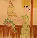Chinese Original Hand Painted Watercolor painting - Woman in lime green cheongsam with bird cage