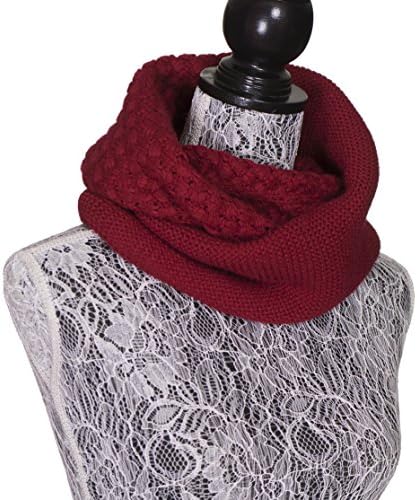 Women Solid Knit Infinity Scarf Soft Warm Solid Chunky Scarves - Dark Red - Elles Clothing