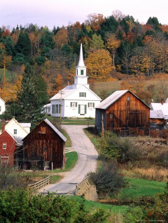 Fall Colors in Small Town with Church and Barns, Waits River, Vermont